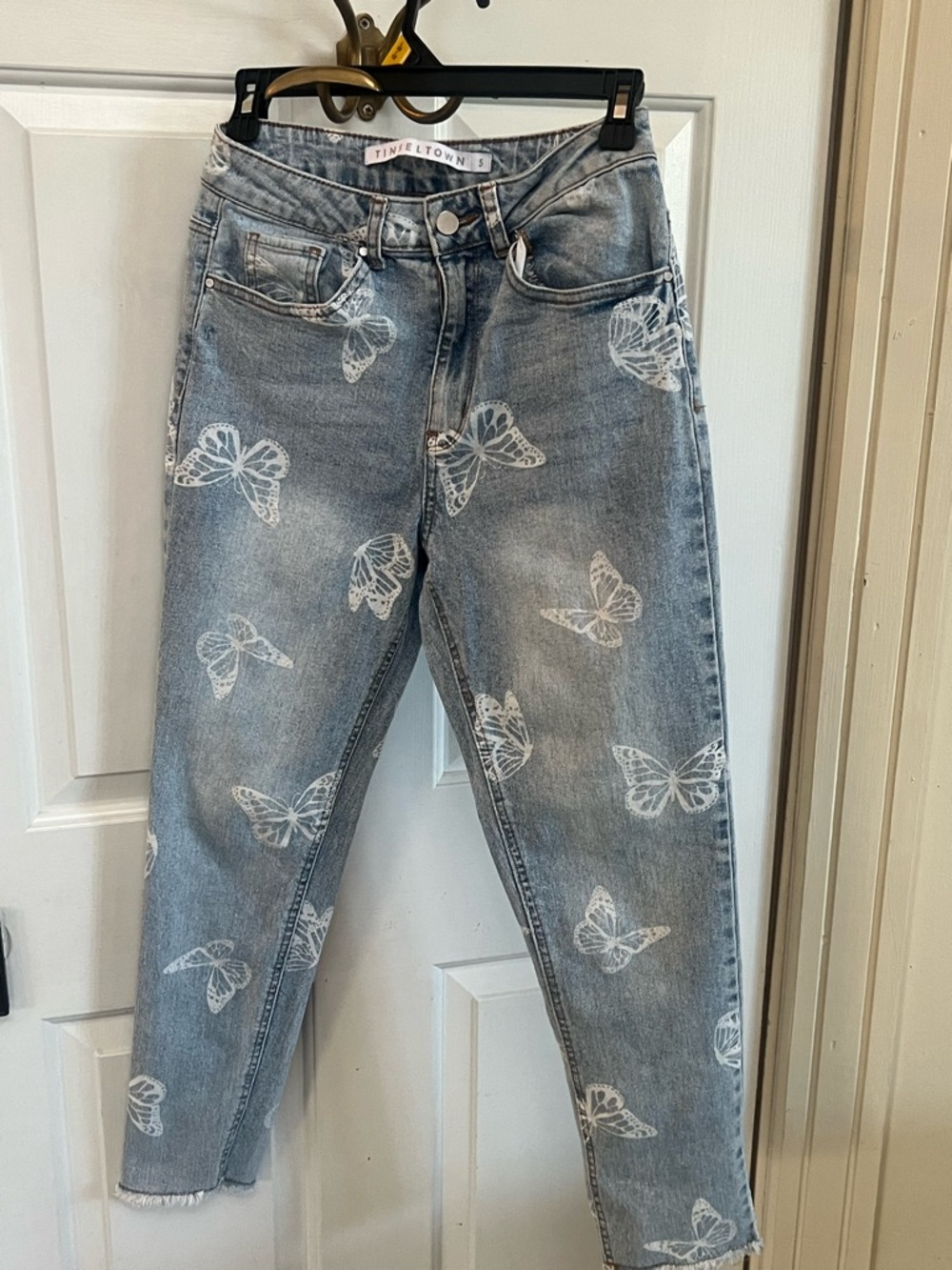 Tinseltown Light Wash Butterfly Print Boyfriend Jeans
